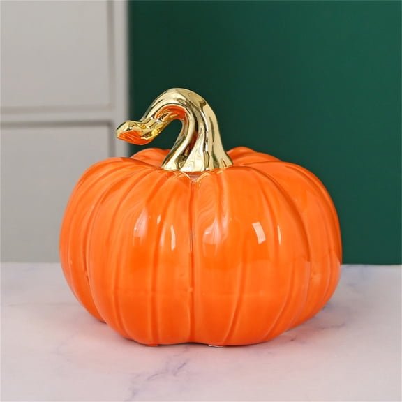 4 Inch Ceramic Pumpkin Decor, Realistic Orange Artificial Gourd for Fall Home Decor, High Simulation Centerpiece for Halloween Thanksgiving Table Kitchen Shelf Ornament