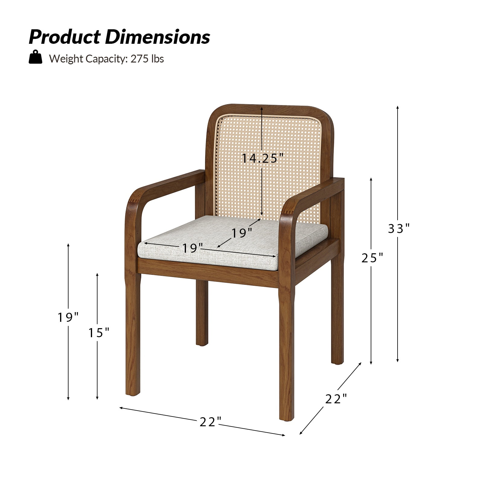 Tina's Home Rattan Dining Chairs Set of 2 Wooden Armchairs Removable Cushion Home Kitchen Restaurant Acorn