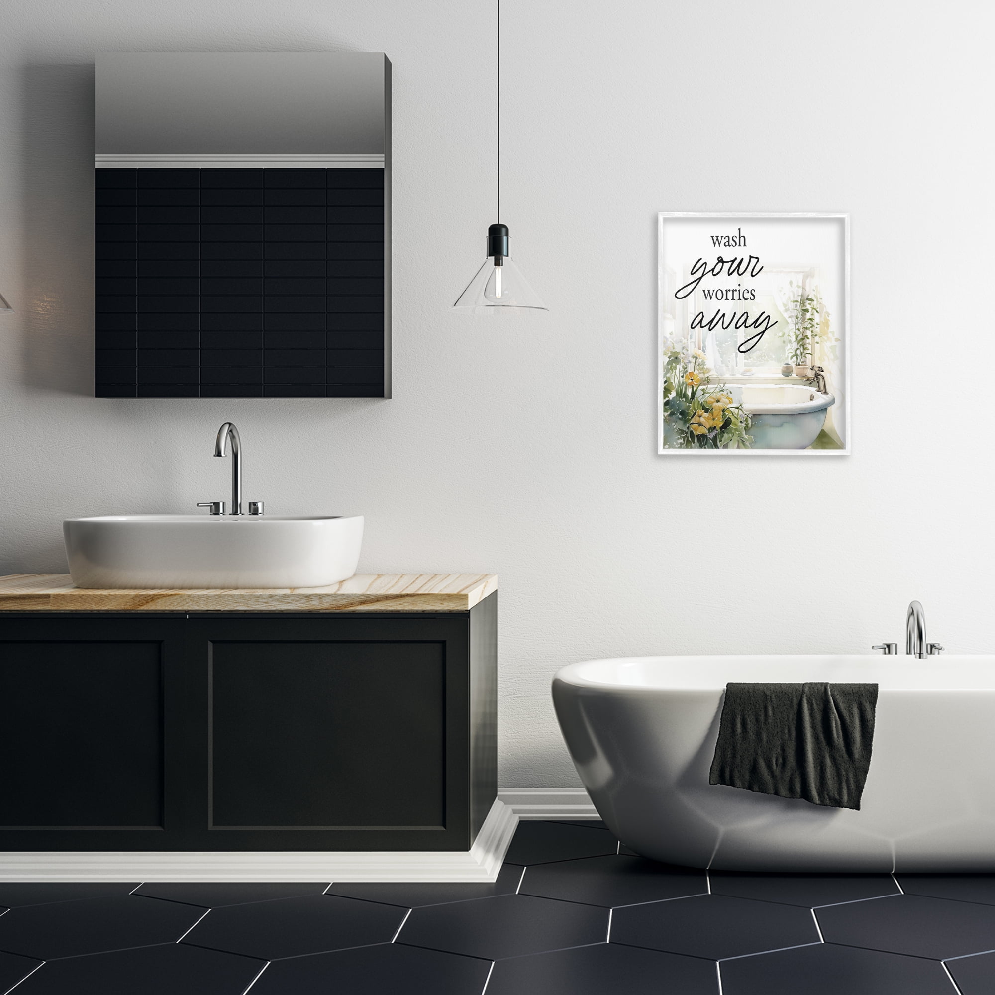 Wash Worries Away Sunlit Bath White Framed Giclee Art, design by Lettered and Lined