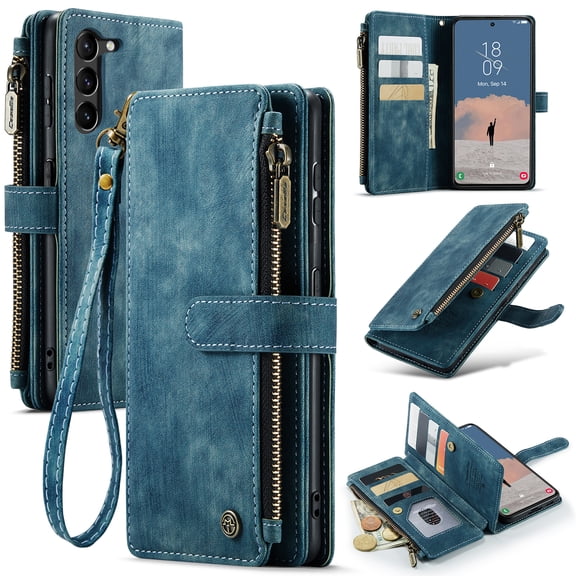 Allytech Wallet Case for Samsung Galaxy S23, Card Slots   Cash Slot   Zipper Pocket Large Capacity PU Leather Case with Hand Strap, [All-Round Shockproof] Magnetic Clasp Kickstand Case, Blue