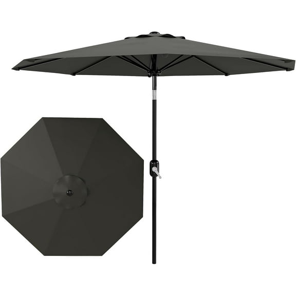9 ft Patio Umbrella - 8 Sturdy Ribs Outdoor Table Umbrella with Crank Lift & Push Button Tilt - Market Umbrella for Pool, Deck, Yard, Garden - Gray