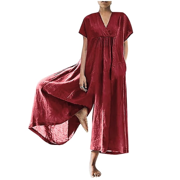 Penkiiy Jumpsuits for Women Women Casual Solid V-neck Cotton Linen Romper Long Playsuit Zipper Jumpsuit Red S Jumpsuits
