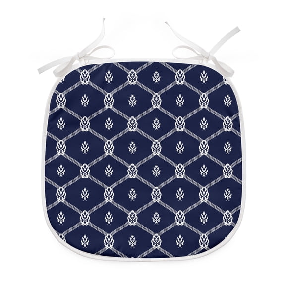 Geometric Dining Chair Pad, Ornamental Nautical Themed Image with Marine Motifs Aquatic Elements, Water Resistant Pillow with Straps for Kitchen Seats, 12 Pieces Set, Dark Blue and White, by Ambesonne