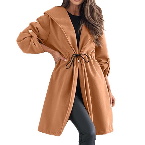 Ediodpoh Women’s Trench Coats Fashion Solid Color Grid Turn Down Collar Tight Waist Warm Autumn Woolen Jacket Khaki L