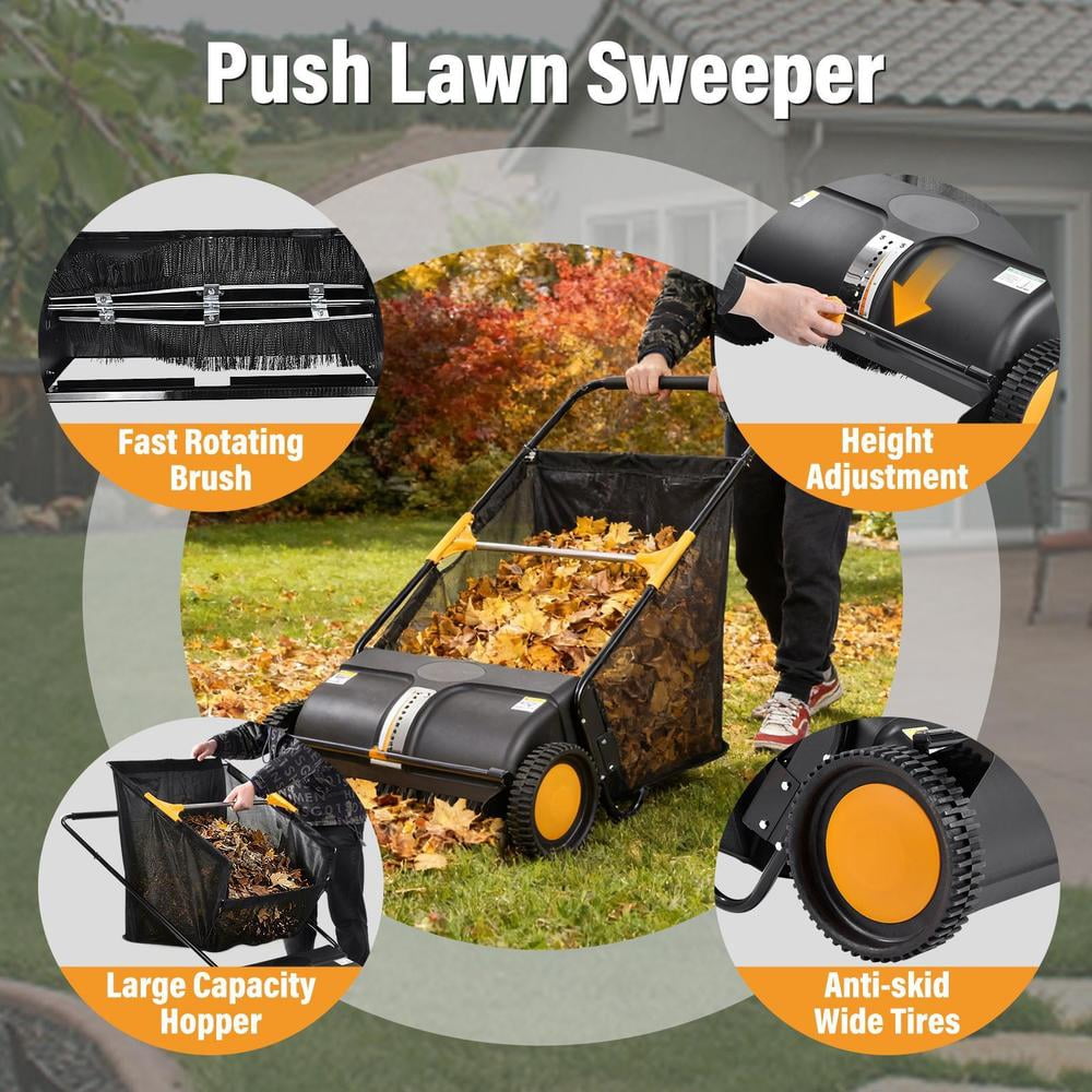 26in Lawn Sweeper, Adjustable-Height Heavy-Duty Walk-Behind Yard Leaf Collector with Wide Wheels and Collection Bag, for Leaves, Grass Clippings & Debris