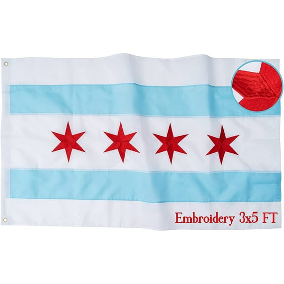 3' x 5' Chicago City Flag 3x5 FT, Embroidered Stars and Double Stitched Sewn Stripes with 2 Brass Grommets, Chicago IL Illinois Flags Outdoor Banner