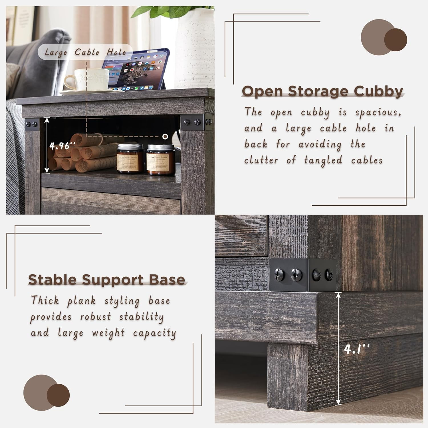 OKD Farmhouse 18" Nightstand with Charging Station, Rustic Metal Wood End Tables with Adjustable Shelves, Side Tables，Dark Rustic Oak