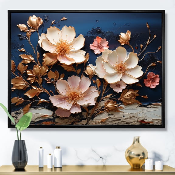 Designart "Poppies in Blue White and Blue Blossoms I" Floral Framed Wall Art - Modern Farmhouse Gold Abstract Floral Entryway Framed Wall Art