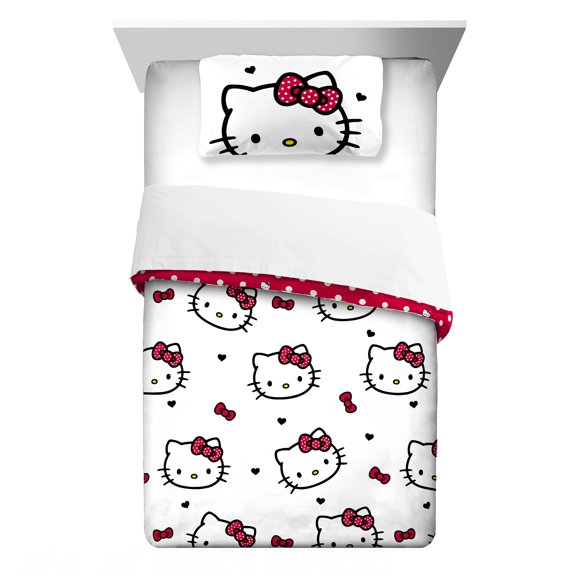 Hello Kitty Kids 2 Piece Red White Reversible Comforter and Pillowcase set, Twin/full
