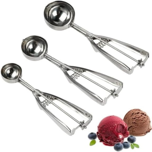 3Pcs Ice Cream Scoop Stainless Steel Cookie Scoop Set with Trigger Release, Large/Medium/Small Cookie Scoop for Baking