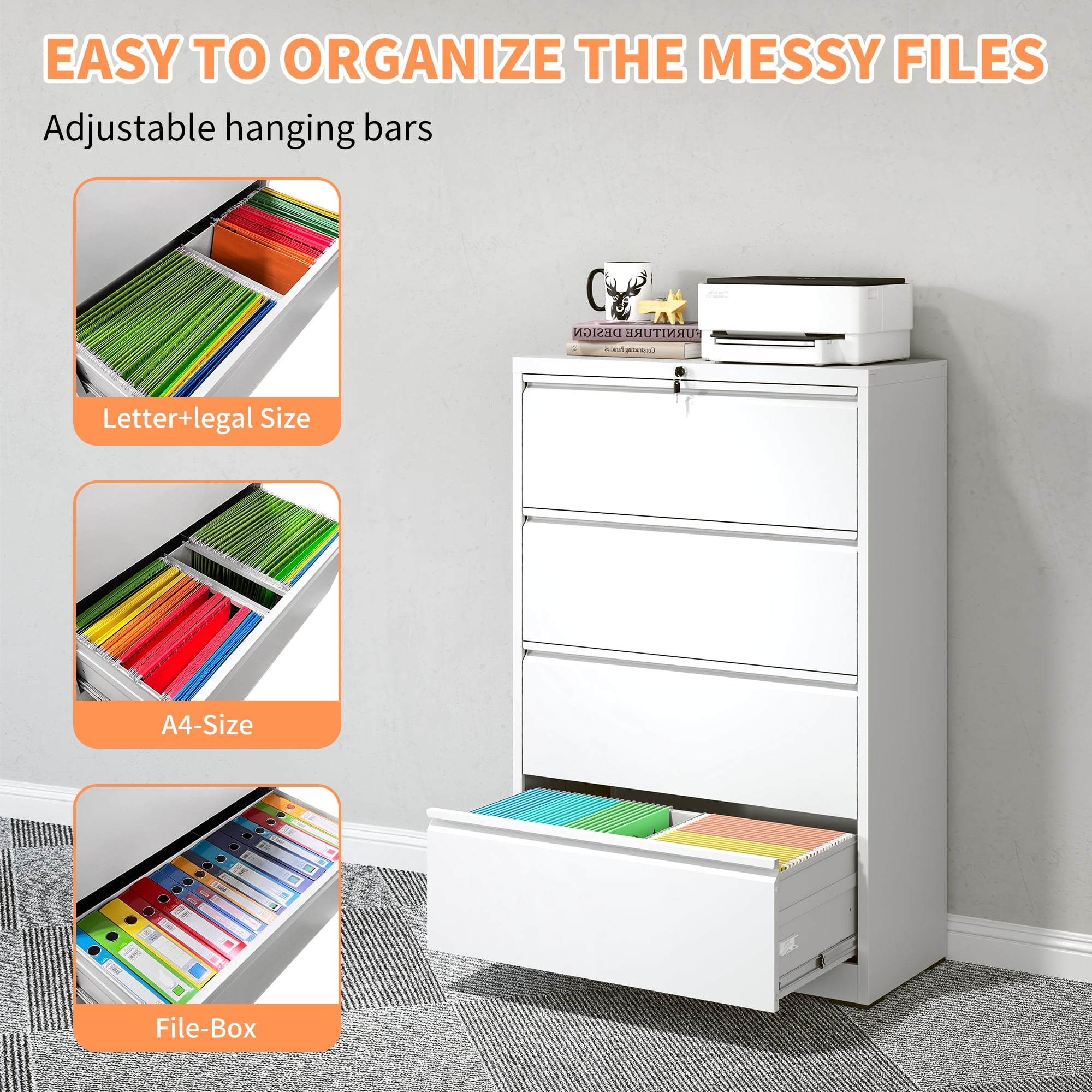 4 Drawer Lateral File Cabinet, Heavy Duty Metal Filing Cabinet, 35.4" Wide Locking File Cabinet for Home Office, Space-Saving Vertical Storage with Anti-Tip Interlock, for Letter/Legal/A4 Files