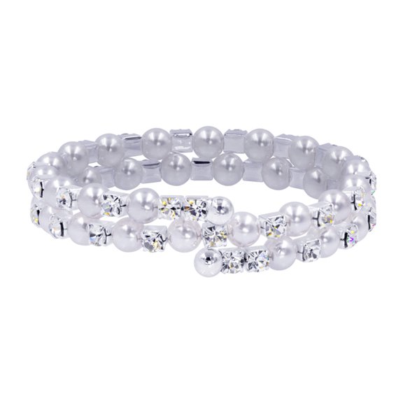 #14541 - Double Wraparound Coil Rhinestone and Pearl Bracelet