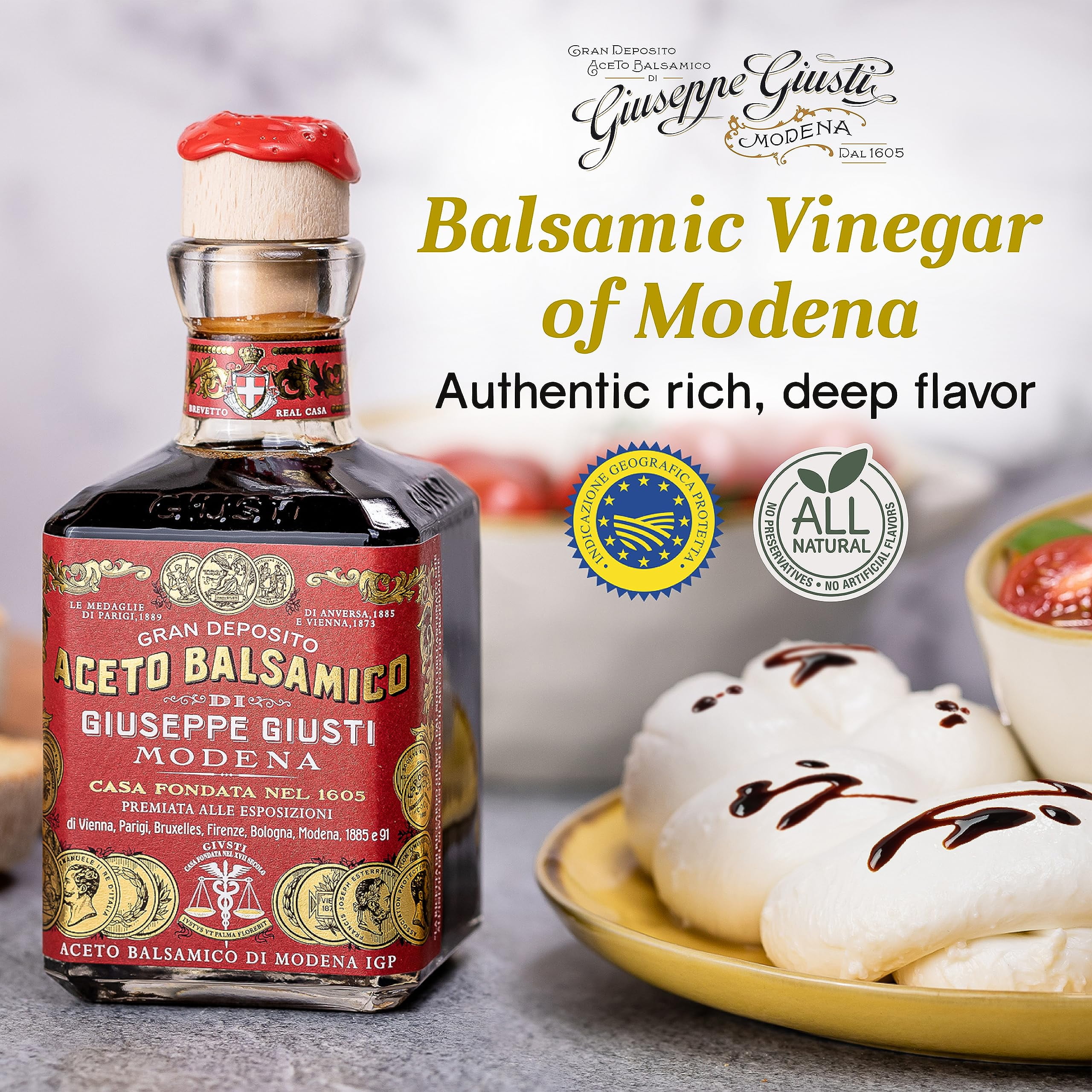 Giusti Italian Balsamic Vinegar of Modena IGP - 3 Gold Medals, Rich & Thick Gran Deposito Aceto Balsamico di Modena for Salads, Cheese & Finishing Touches, Made in Italy – 8.45 fl oz/250 ml -Pack of