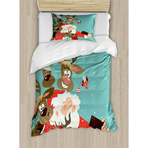 Santa Duvet Cover Set Twin Size, Father Xmas with Funny Face and Silly Reindeer Buddies Taking a Selfie Having Fun, Decorative 2 Piece Bedding Set with 1 Pillow Sham, Multicolor, by Ambesonne