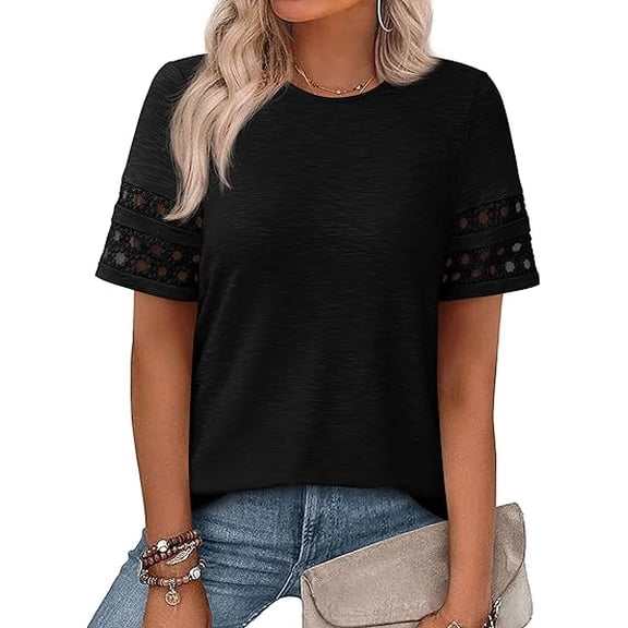 PRETTYGARDEN Summer Tops for Women Lace Short Sleeve T-Shirts Casual Blouses Spring Fashion Clothes Vacation Outfits