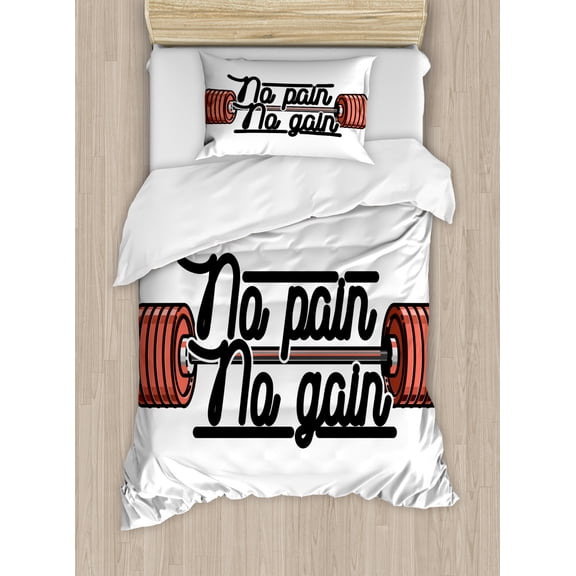 Fitness Duvet Cover Set Twin Size, No Pain No Gain Vintage Emblem Design Barbells Weightlifting Bodybuilding, Decorative 2 Piece Bedding Set with 1 Pillow Sham, Coral Black White, by Ambesonne