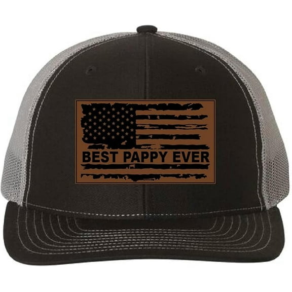 Best Pappy Ever Hat with American Flag, Custom Leather Patch Cap, Personalized Pappy Gift, Patriotic Grandpa Hat, Custom Cap for Him (Black Charcoal)