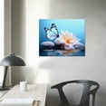 thumbnail image 3 of COMIO Zen Stone Canvas Wall Art White Flower and Blue Butterfly on Lake Wall Art for Bathroom Living Room Bedroom Modern Spiritual Yoga Spa Picture Wall Decor Framed Bedroom16x20 Inches, 3 of 4