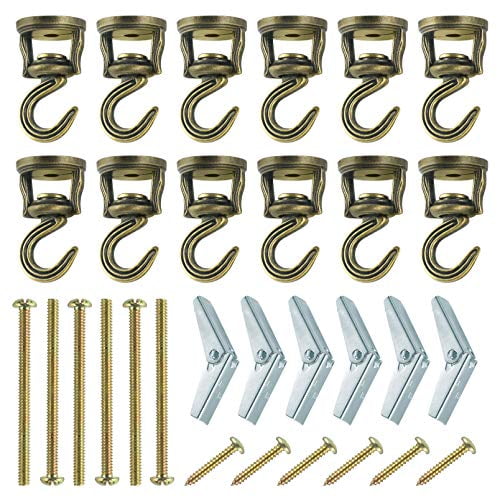 Pack of 12 Complete Sets Heavy Duty Metal Swivel Ceiling Hooks, Wide