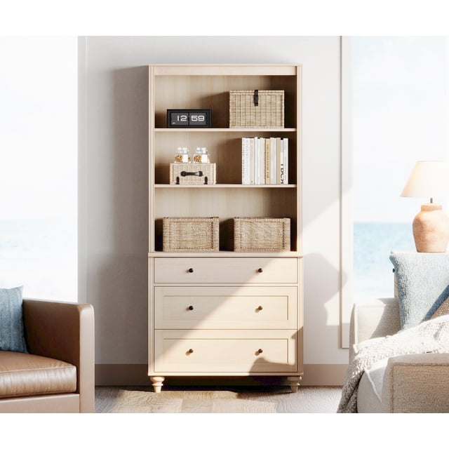 WAMPAT 3-Tier Bookshelf, 3 Drawers, 72" Tall Bookcase, Farmhouse Library Bookshelves, Wood Bookshelves for Living Room, Kitchen,Light Oak