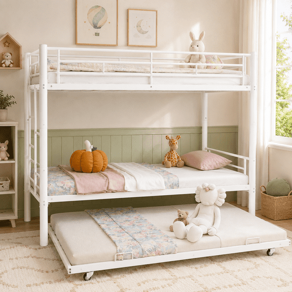 UHOMEPRO White Twin Metal Triple Bunk Bed Frame, Convertible 3 in 1 Twin Bunk Bed, Heavy Duty Steel Bed Frame with Guardrails and Ladder, Space Saving Bed for Dorms, Guest Rooms