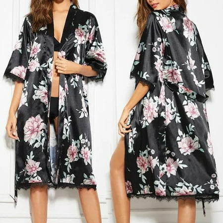 

JNGSA Long Sleeve Nightgowns For Women Lounge Sets For Women Women Silk Satin Printed Lace Pajamas Nightgown Lingerie Bathrobe With Belt Clearance