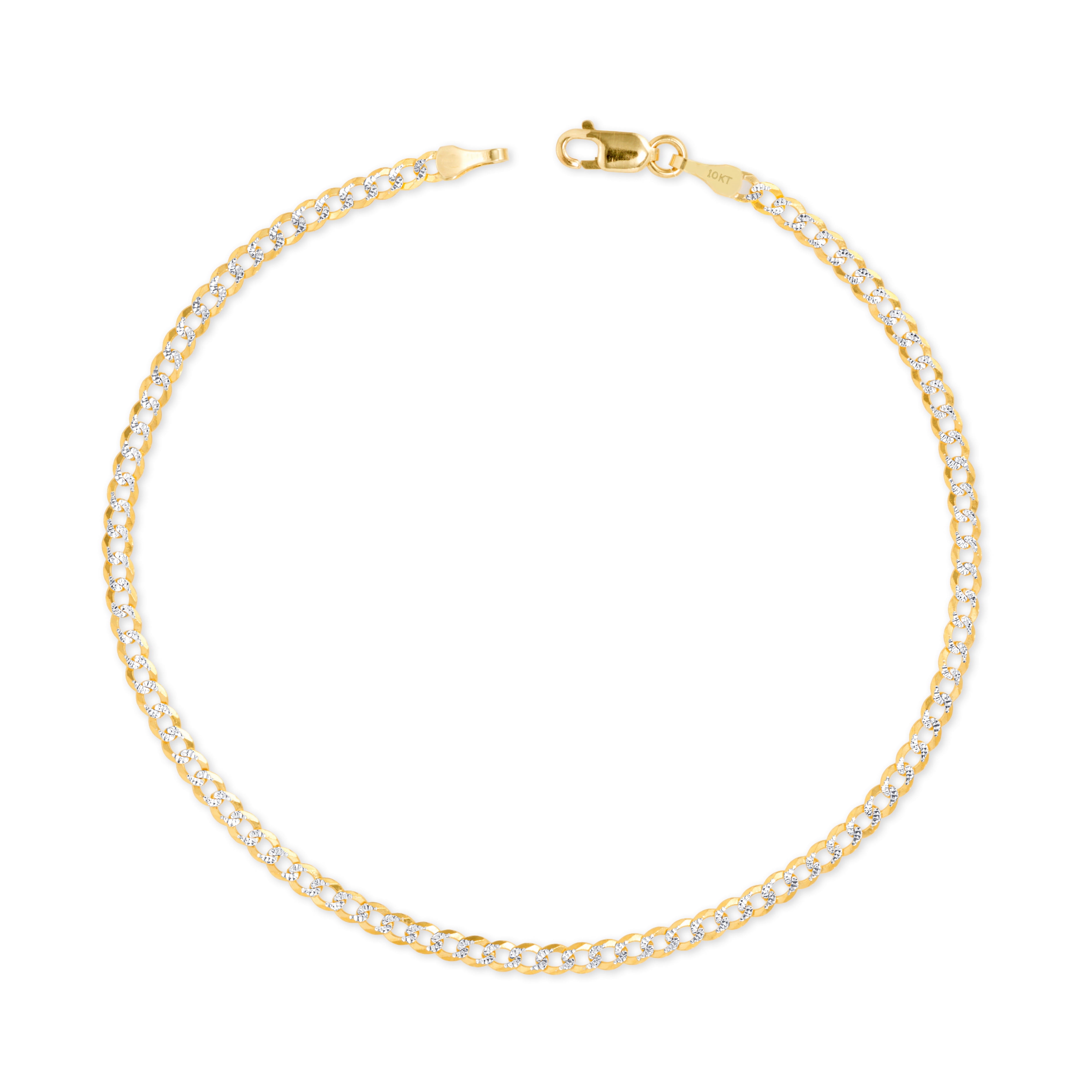 Nuragold 10k Real Yellow Gold Solid Cuban Curb Link 2.5mm Diamond Cut Pave Chain Bracelet or Anklet (7"-9") Two Tone Italian Jewelry for Men & Women