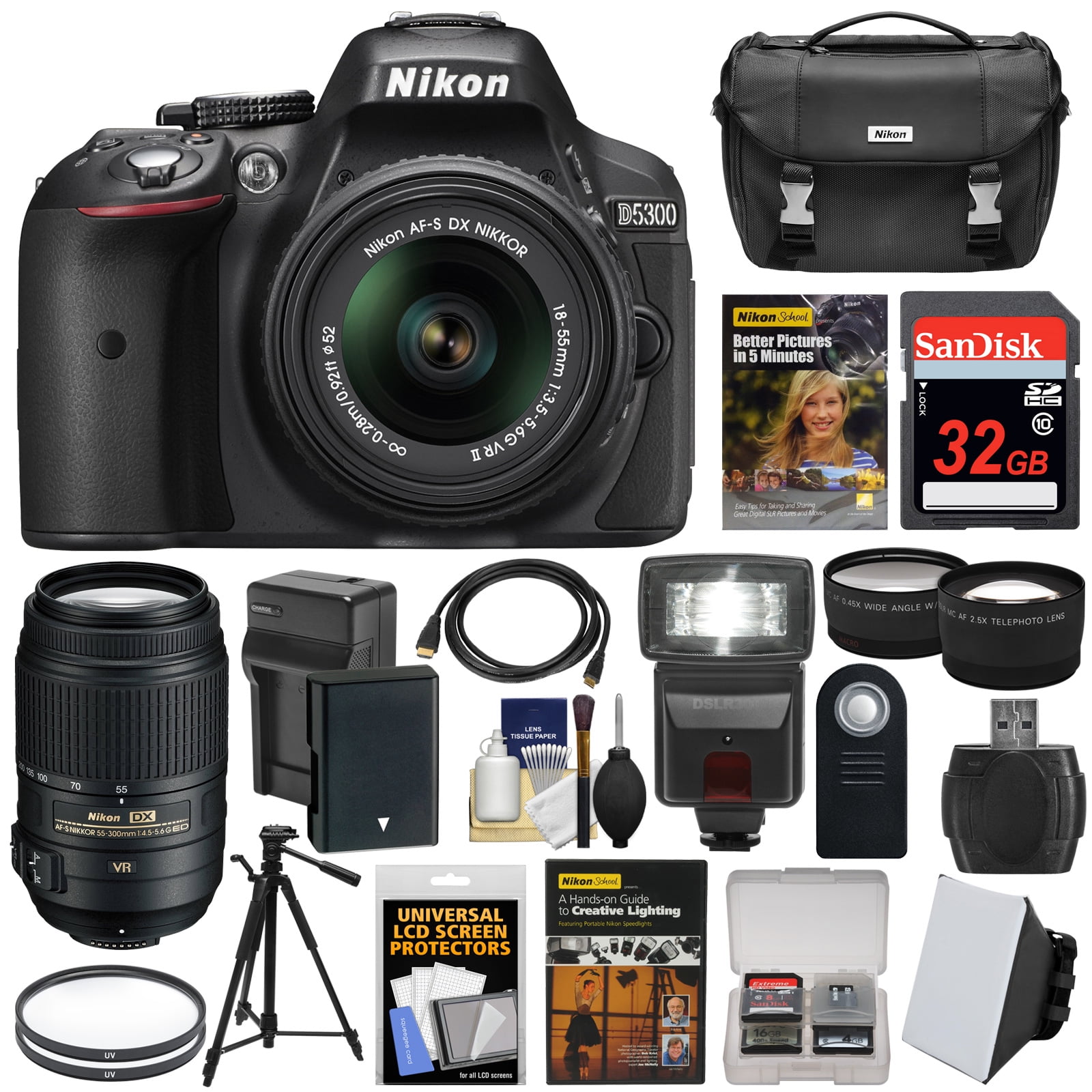 Nikon D5300 Digital Slr Camera 18 55mm Vr Ii 55 300mm Vr Dx Lens 32gb Dvd Case Battery Charger Filters Flash Tripod 2 Lens Kit Walmart Inventory Checker Brickseek