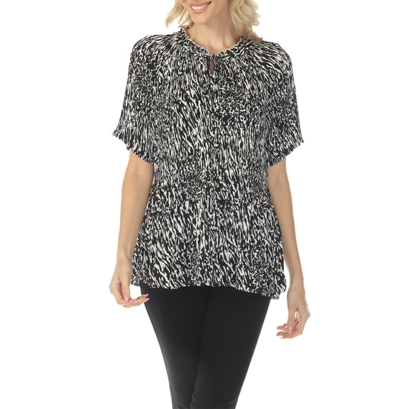 White Mark Short Sleeve Printed Tie-Neck Blouse, Women's, S-XL