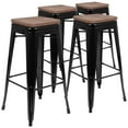 thumbnail image 2 of BizChair 30" High Metal Indoor Bar Stool with Wood Seat in Black - Stackable Set of 4, 2 of 13