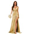 thumbnail image 3 of Vestidos de dama de honor con cuello en V y cintura fruncida de satén plisado vestido de fiesta formal YMS277, 3 of 5
