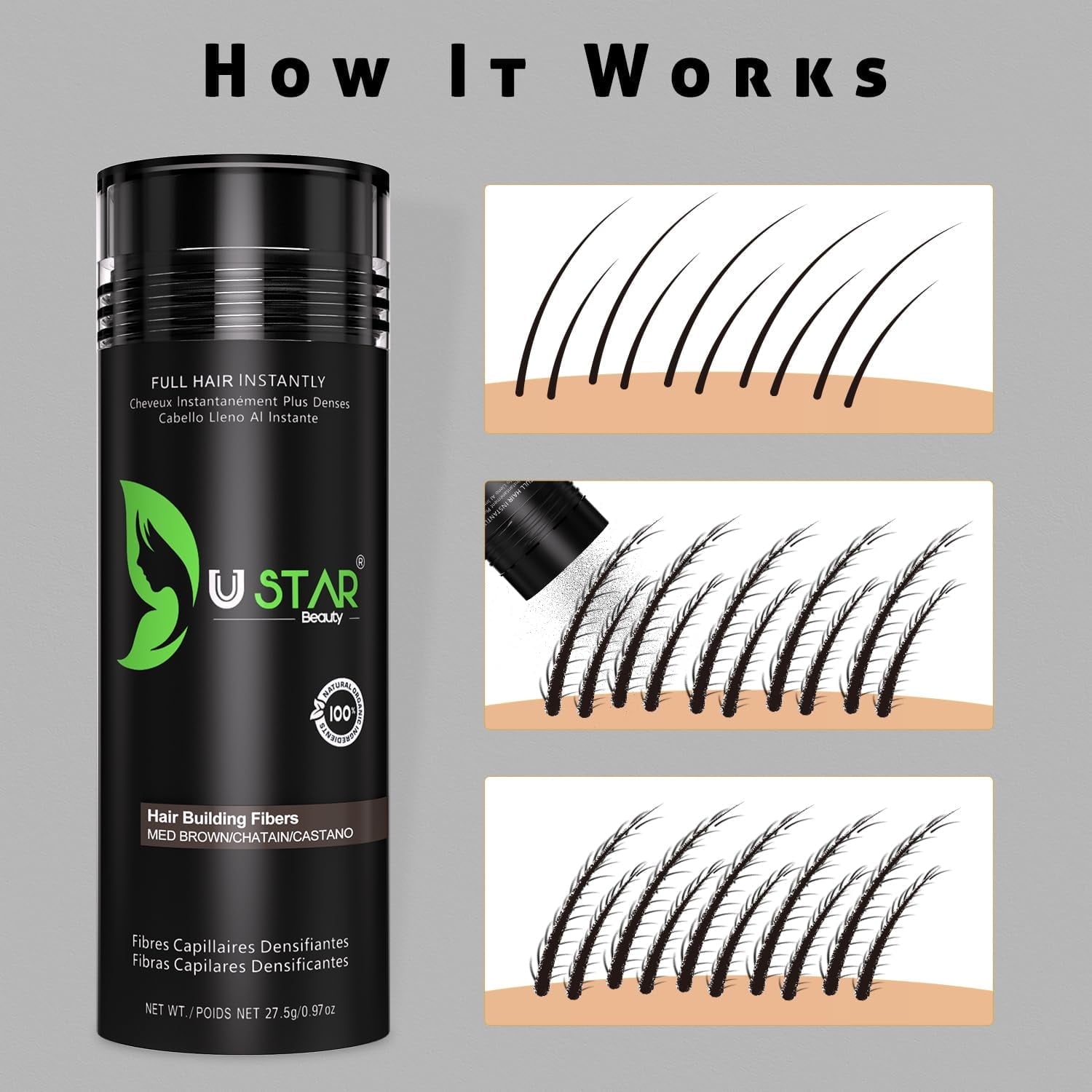 3 Pack - Ustar Hair Building Fiber Black 0.97 oz/27.5 g