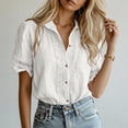 thumbnail image 4 of Mifsaly Button Down Shirts Women Crochet Lace Trim Elegant Business Casual Tops Short Sleeve V Neck Collar Blouses for Work office Summer Vacation Outfits White,L, 4 of 7