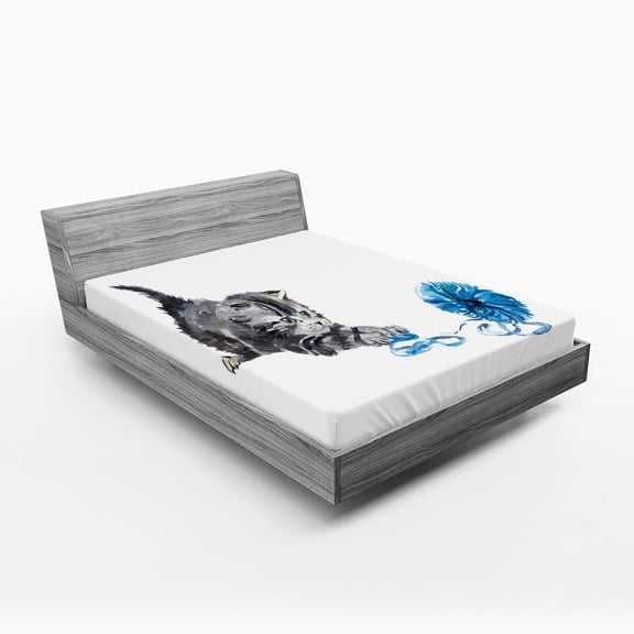 Ambesonne Cat Fitted Sheet, Playful Kitten Furry, Queen Size, Grey Blue