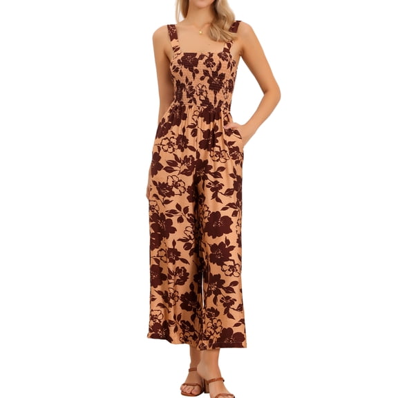 DARING DIVA Women's Smocked High Waist Beach Wide Leg Overalls with Pockets X-Small Orange