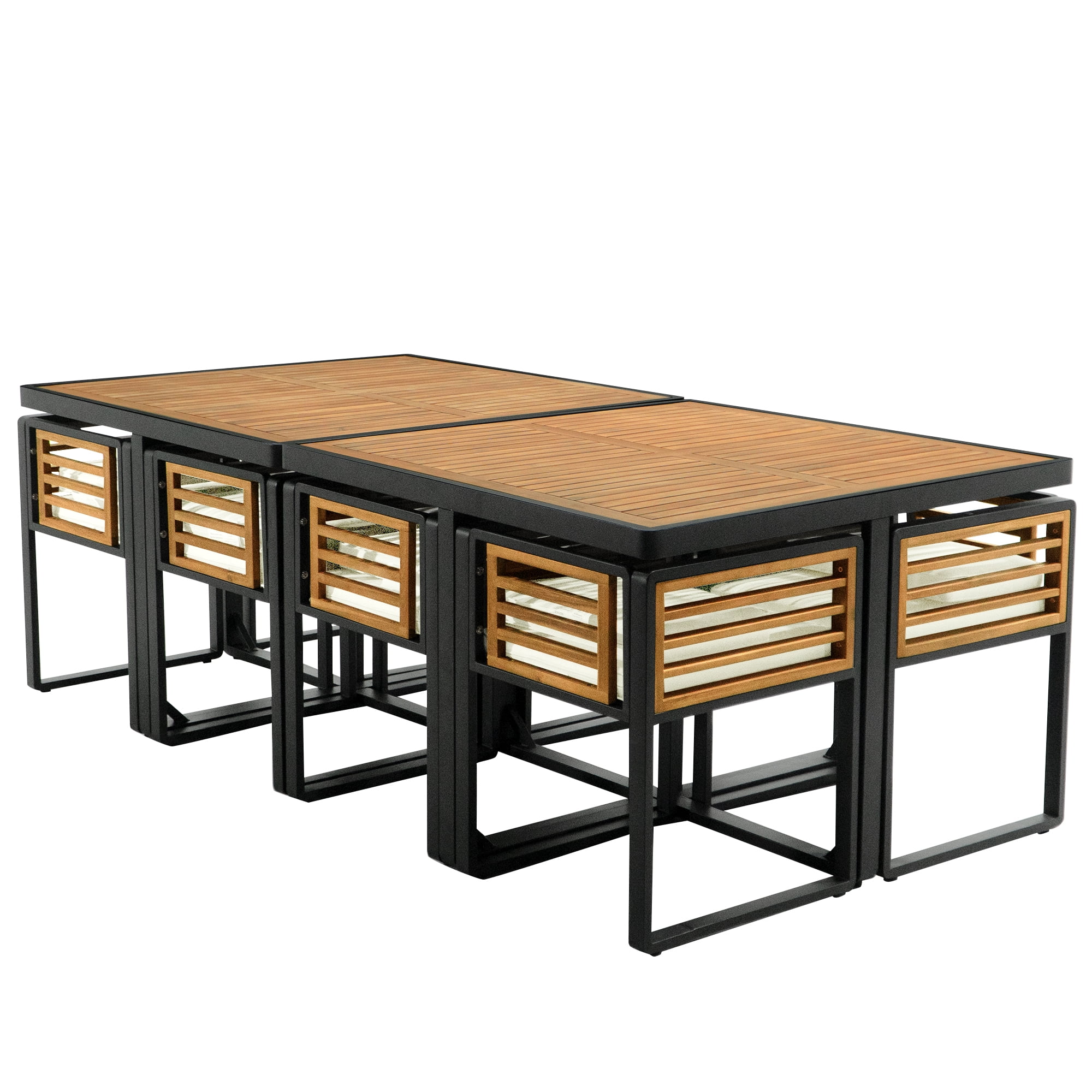 Euroco 18-Pieces Acacia Wood Patio Dining Set, Space Saving Outdoor Patio Set, 8 Cushioned Chairs & 8 Ottomans & 2 Square Table, for Backyard, Garden, Deck and Poolside