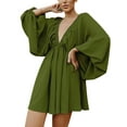 thumbnail image 2 of Franhais Womens Spring Autumn Short Dress Green Long Sleeve Deep V Neck Pleated A-line Backless Beachwear Sundress（S-L）, 2 of 9