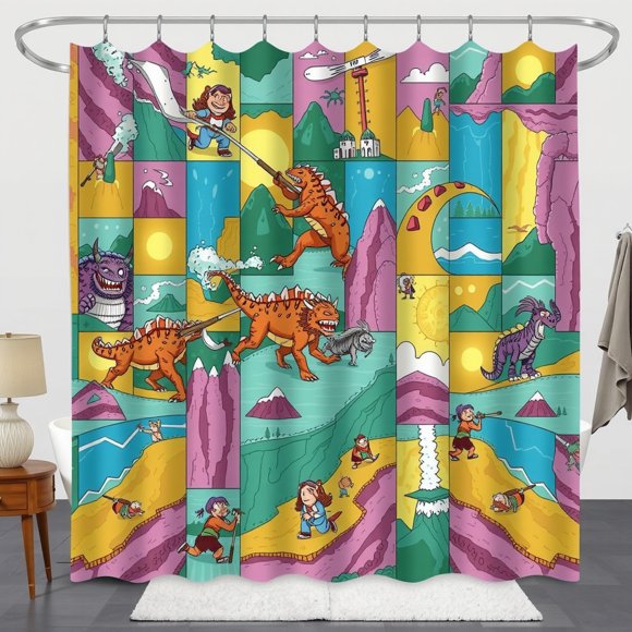 Vibrant Cartoon Shower Curtain with Adventure Landscapes & Creatures