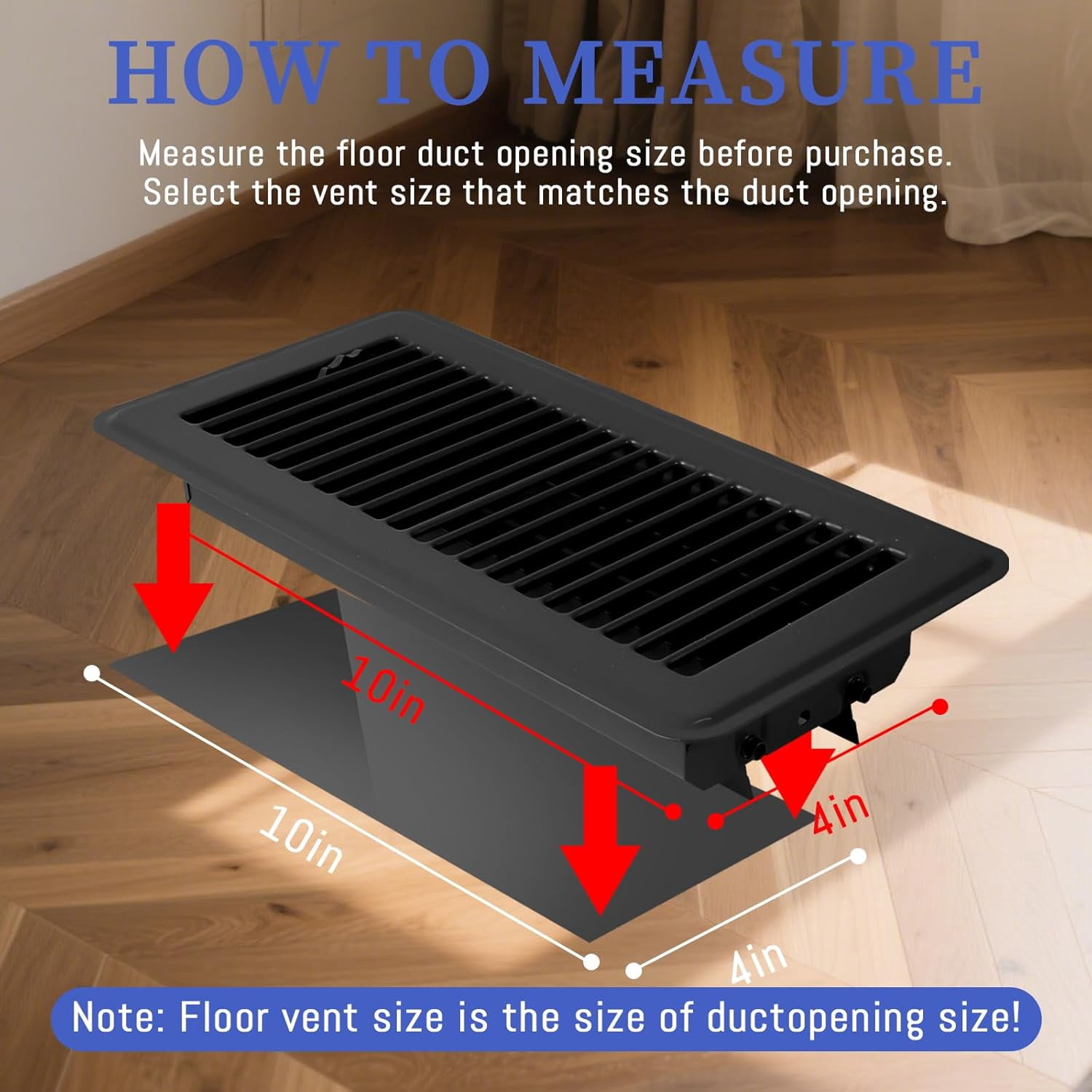 VIB 4 x 10 Floor Register, Black Heavy Duty Metal Air Vent Cover with Rust Proof Finish and Adjustable Knob, Ideal for Floor Wall Ceiling Home Use