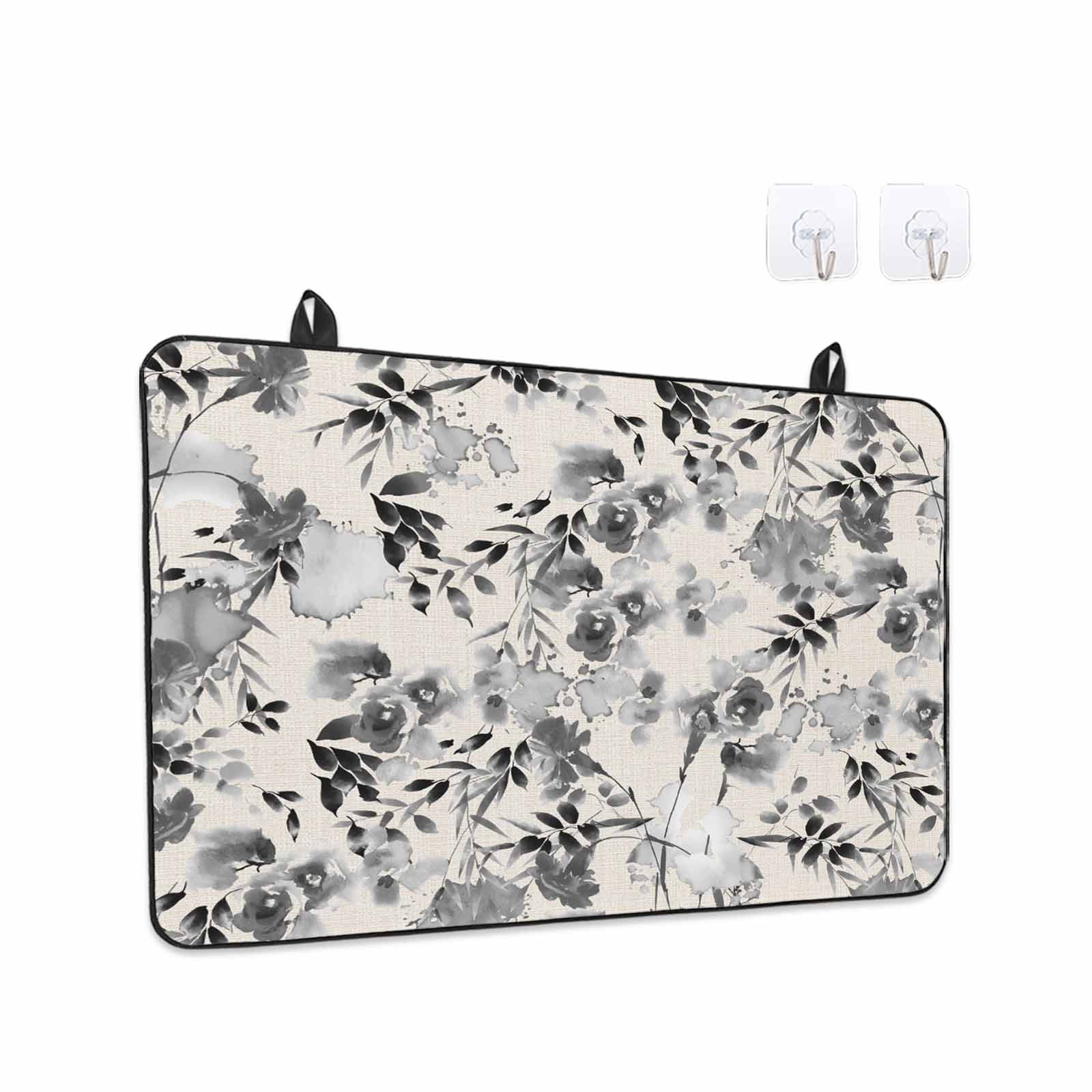 Black Grey Spring Floral Stove Top Cover for Electric Stove, Heat-proof & Non Slip Glass Top Stove Cover Protector, Summer Botanical Watercolor Rustic Kitchen Flat Cooktop Rubber Mat 24x21 Inches