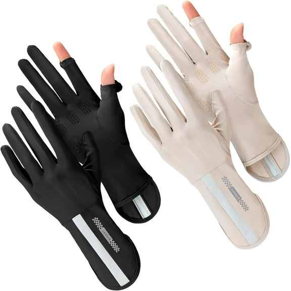 BlinkLLX 2 Pairs Women UV Sun Protection Gloves Touchscreen Arm Sun Driving Gloves UPF 50  for Outdoor Sports Cycling(Two Fingertip Opening,Black, Khaki)