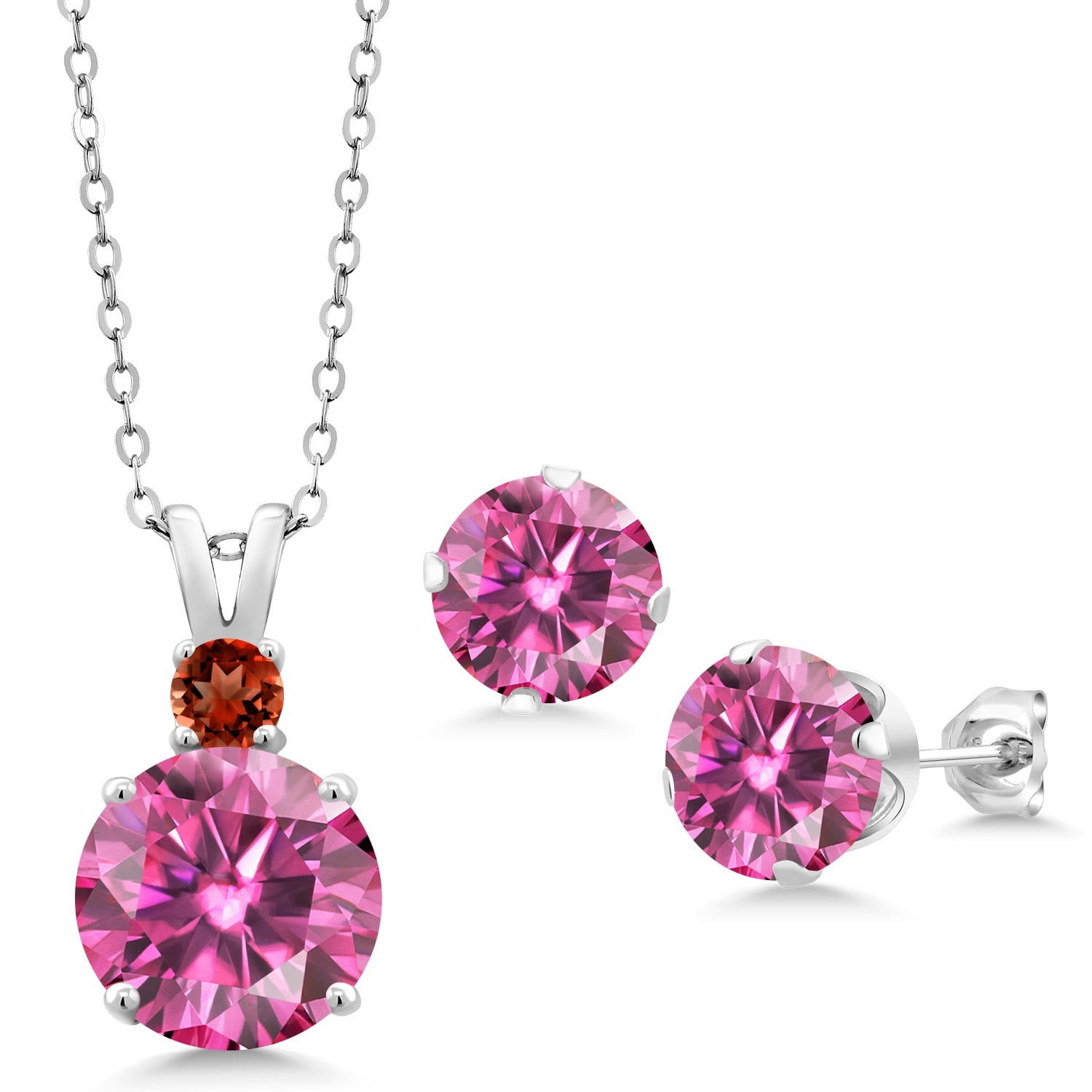 Gem Stone King 925 Sterling Silver Pink Moissanite and Red Garnet Pendant and Earrings Jewelry Set for Women (10.49 Cttw, Round 10MM, Gemstone Birthstone, with 18 inch Silver Chain)