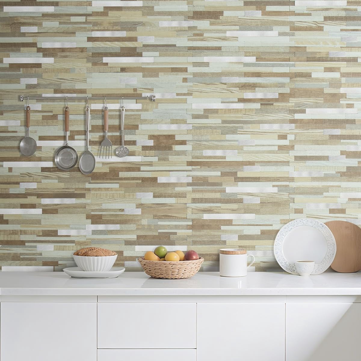 20 Sheets Beige & Brown Wood Peel And Stick Backsplash  Pvc Mixed Metal Wall Tile On For Kitchen Bathroom