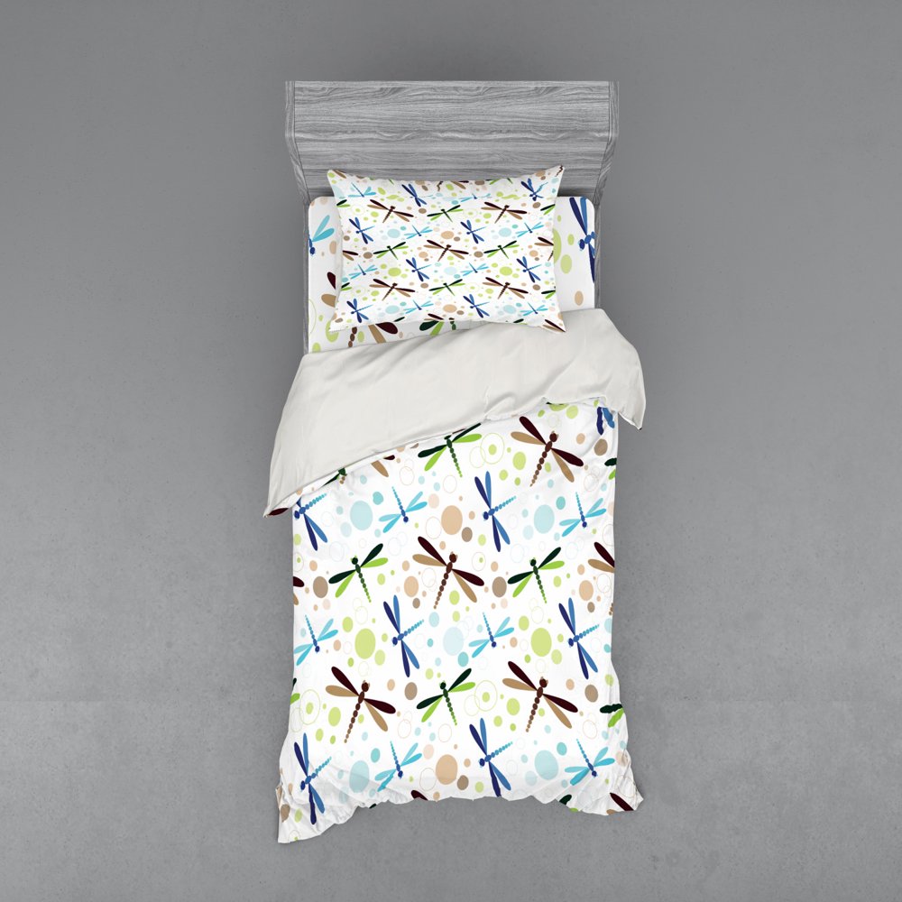 Dragonfly Duvet Cover Set, Colorful Toned Flying Dragonflies Pattern