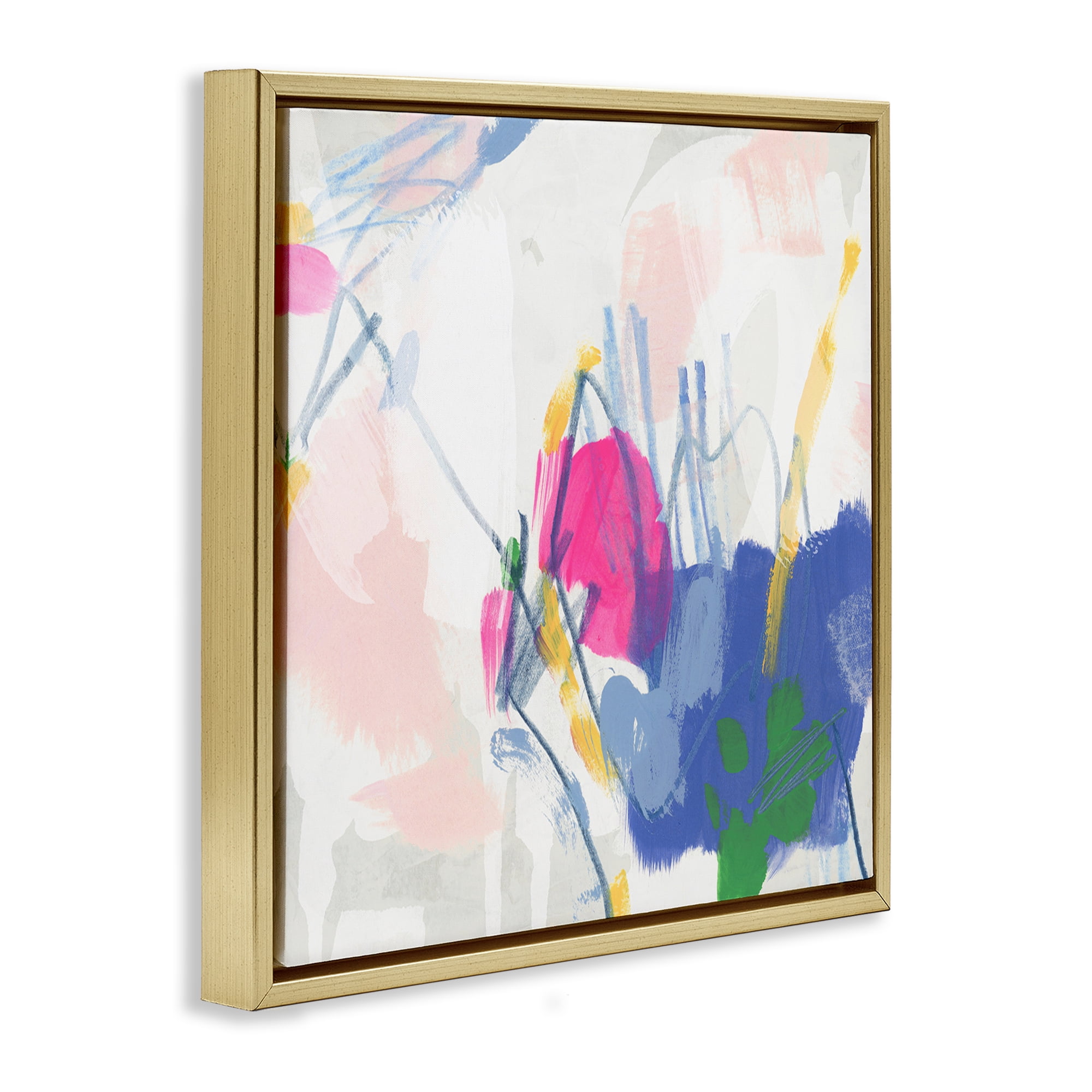 Stupell Industries Blue & Pink Abstract Scribble Abstract Painting Gold Floater Framed Canvas Art Print Wall Art, 18 x 18