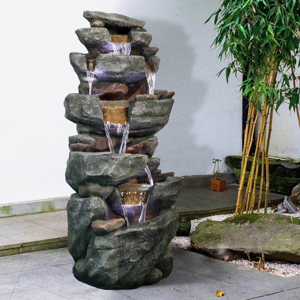 6-tier Outdoor Water Fountain with LED Light - 40.6" High Waterfall Fountain for Garden and Patio