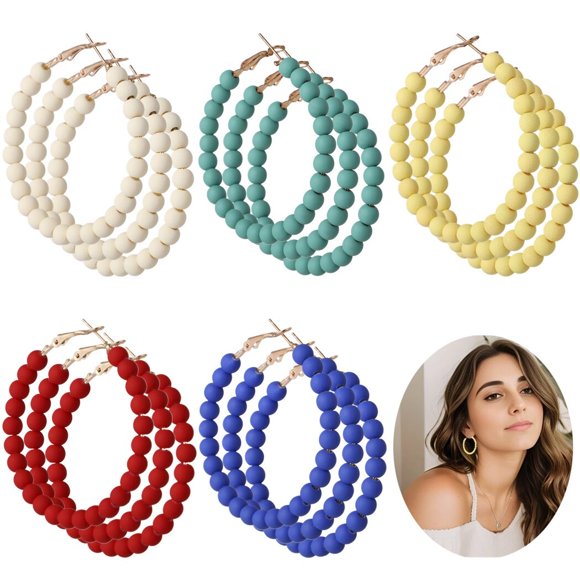 15 Pairs Beaded Hoop Earrings, Bohemian Circle Bead Earrings, Mixed Color Dangle Earrings, Chic Acrylic Beaded Earrings for Women and Girls