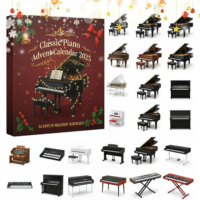Conjunto de adornos para calendario de Adviento de piano | 24 modelos mini de pianos acrílicos - Diseños de órgano vintage de piano de cola | Regalo para amantes de la música | Caja de cuenta atrás