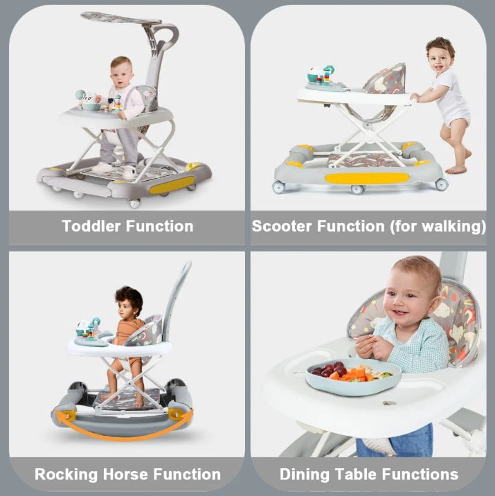 LHUAI 6-in-1 Baby Walker With Wheels, Bouncer, Removable Footrest, Feeding Tray & Music, Foldable & Adjustable Activity Walker For Boys And Girls, Toddler Infant, Grey