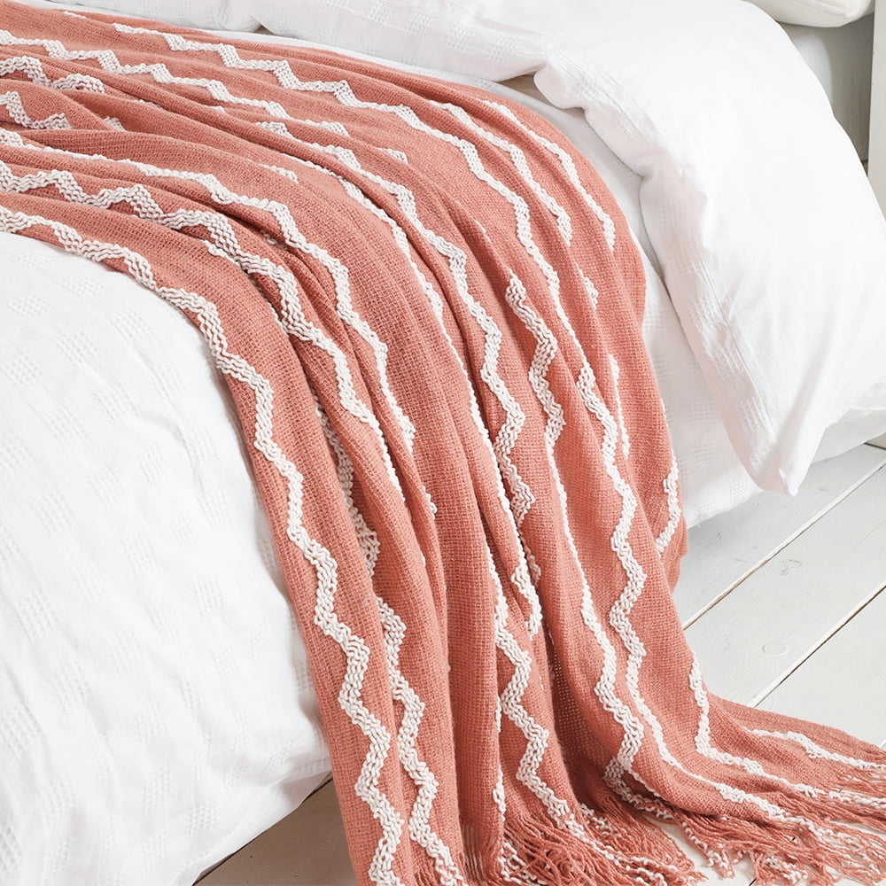 Bourina Fluffy Chenille Knitted Fringe Throw Blanket, Lightweight Soft Cozy Bed Sofa Chair Blanket, Coral Pink, 50" x 60"